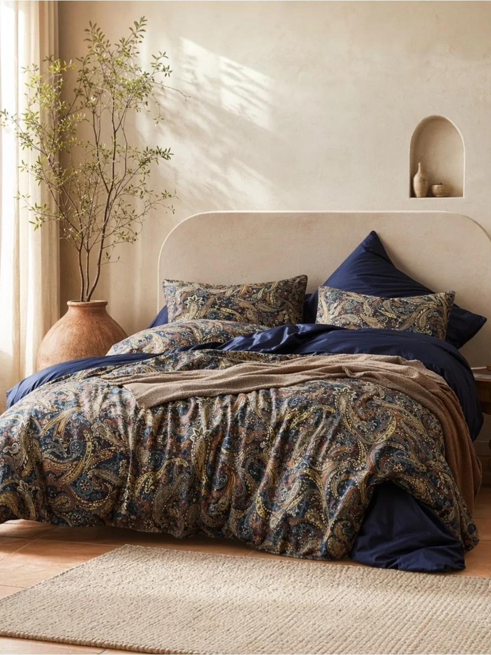 NEW Anthro Navy Blue Paisley Gold Boho Queen / King Size Bedding Duvet Sham Case